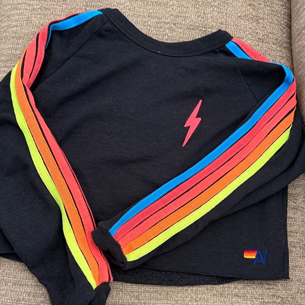Aviator Nation Black Lightning Bolt Shirt with Rainbow Stripes XS